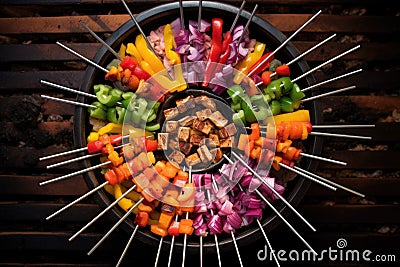top view of a charcoal grill with colorful skewers Stock Photo