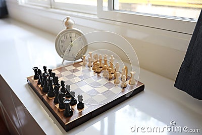Top view chess board with time clock Stock Photo