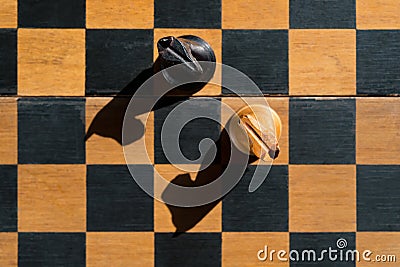 Top view Chess Knights stand on chess board with shadows Stock Photo