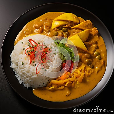 Top view of chicken spicy yellow curry served with rice in the plate. Stock Photo