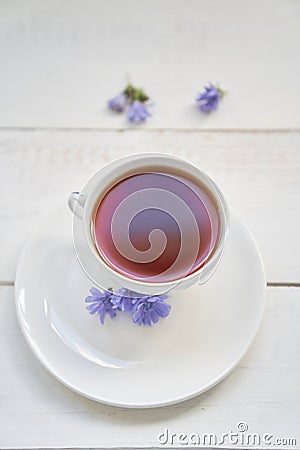 Top view of the chicory drink. Cichorium intybus, the flowers of which are usually called blue sailors, chicory, coffee Stock Photo