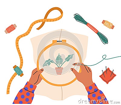 Top view of a child`s hands embroider a flower, sewing needles Vector Illustration