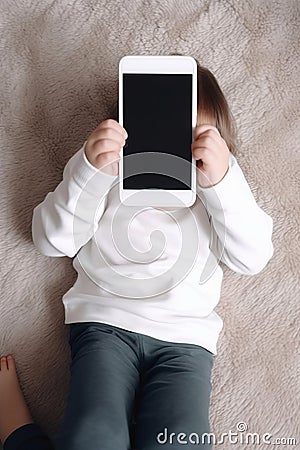 Top view child sitting and holding blank screen mock-up mobile phone AI generated Stock Photo