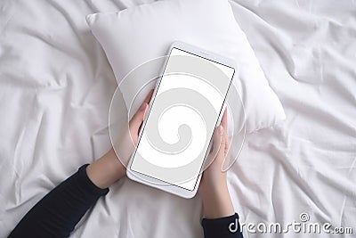 Top view child sitting and holding blank screen mock-up mobile phone AI generated Stock Photo