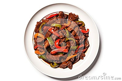 Top View Chinese Beef And Peppers In Black Bean Sauce On Round Plate On Wihte Backgound Stock Photo