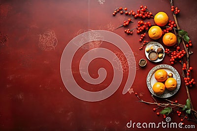 Top view Chinese New year symbols, flat lay copy space Stock Photo