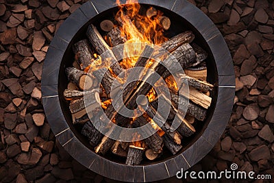 top view of a circular fire pit with burning logs Stock Photo