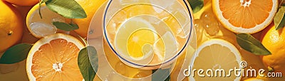 Top View Citrusy Orange Juice With Ice Cubes. Banner For Web. Generative AI Stock Photo