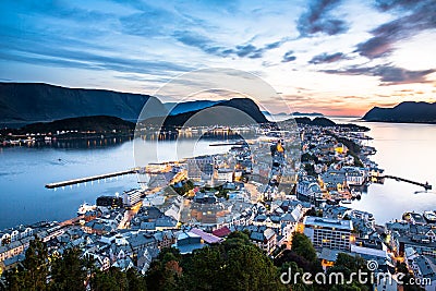 Top view of the city of Alesund at sunset. Stock Photo