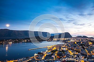 Top view of the city of Alesund at sunset. Stock Photo