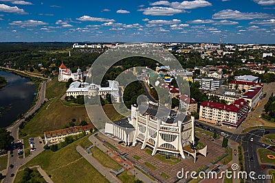 Top view of the city center of Grodno, Belarus. The historic centre with its red-tiled roof,the castle and the Opera house Editorial Stock Photo