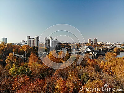 Top view of city of Khimki and railroad bridge in autumn, Russia Stock Photo