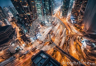 top view city life busy road towering skyscrapers Stock Photo