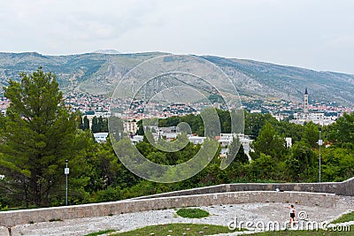 Top view of the city of Mostar. View from the Partisan Memorial Cemetery in Bosnia and Herzegovina. Editorial Stock Photo