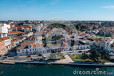 .Top view of the city, narrow streets and roofs of houses with red tiles Cascais Editorial Stock Photo