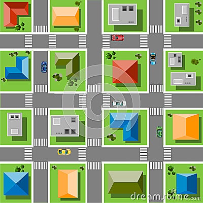 Top view city with streets, roads, houses, and cars Vector Illustration