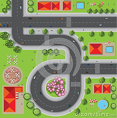 Top view of the city of streets, roads, houses, treetop, vector Vector Illustration