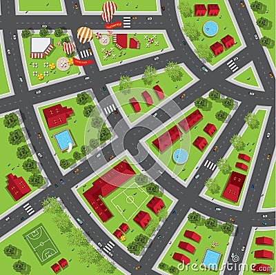 Top view of the city of streets, roads, houses, treetop Vector Illustration