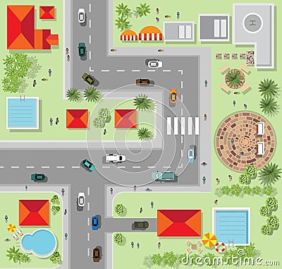 Top view of the city of streets, roads, houses, vector Vector Illustration