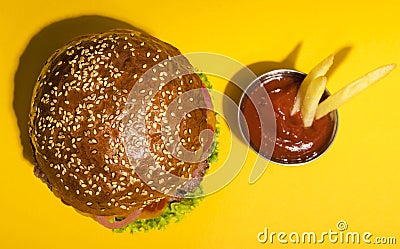 top view classic beef burger with ketchup. High quality photo Stock Photo