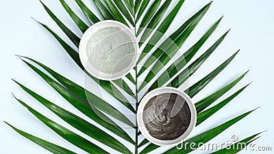 Top view clay masks and tropical leaf. Natural SPA cosmetics for skincare, body and hair care concept Stock Photo