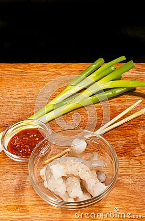 Several ingredients to make shrimp fried, rice Stock Photo