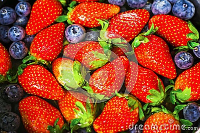 Top view- close up fresh strawberries and blueberries background, organic fruit concept with high vitamins that are beneficial to Stock Photo