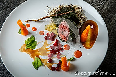 Top view closeup medium raw meat in dill served with wheat sprouts Stock Photo