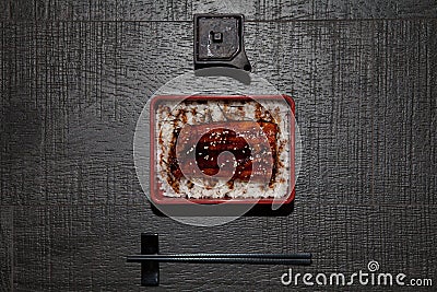 Top view closeup of delicious unagi with rice on a table in a restaurant Stock Photo