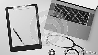 Top view, closeup, Laptop mockup, blank medical clipboard sheet, stethoscope Cartoon Illustration