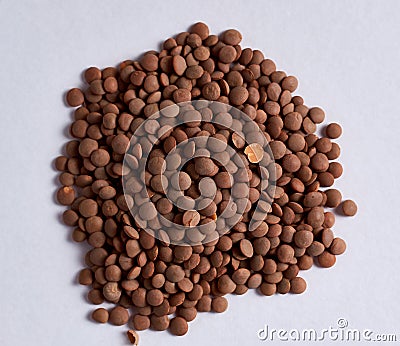 Top view closeup of a pile of brown lentils on a white surface Stock Photo