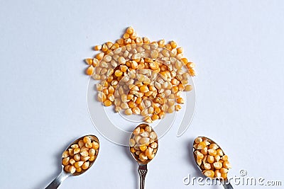 Top view closeup shot of a pile of corn kernels with three spoons also full of corn kernels Stock Photo