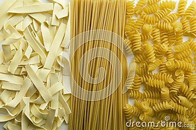 Top view and closeup of various types of italian pasta as a background Stock Photo