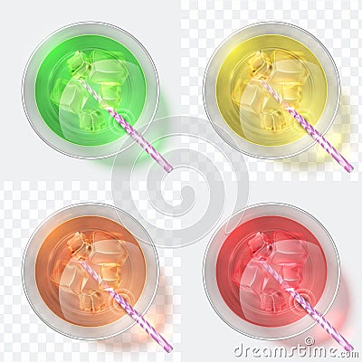 Top view cocktails. Glass with fresh juice and drink with staw. Iced beverage vector set Vector Illustration