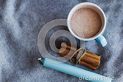 top view cocoa blue candle cinnamon Stock Photo