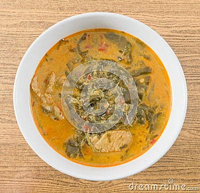 Top View Coconut Milk Curry with Cassia Leaves Stock Photo