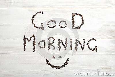 Top view of coffee beans making phrase Good morning with smile Stock Photo