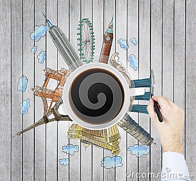 Top view of a coffee cup and the hand draws colourful sketches of the most famous cities in the world. The concept of travelling. Editorial Stock Photo
