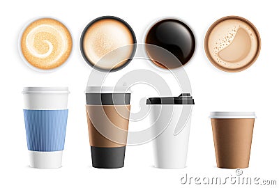 Top view coffee cup. Isolated hot breakfast beverages, latte espresso cappuccino. Realistic eco mug front view, milk Vector Illustration