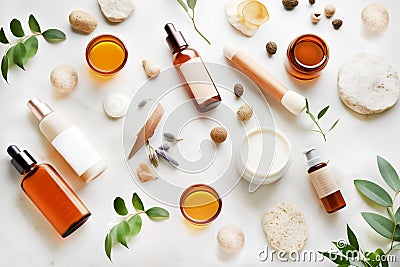 Top view of collection of organic skincare products arranged on white stone table. Close-up. Generative Ai content Stock Photo