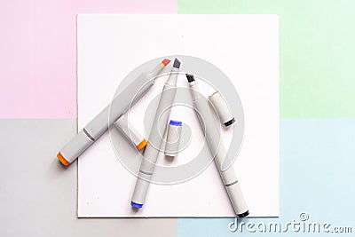 Top view of color painting markers on the office creative art layout concept with soft colours d Stock Photo