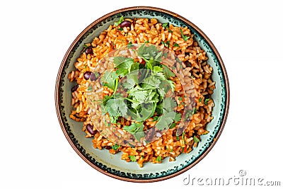 Top view of a colorful bowl of Mexican rice and beans garnished with cilantro presented on a white surface, Stock Photo