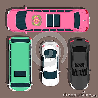 Top view colorful car toys pickup automobile transport wheel transportation design auto vector illustration. Vector Illustration