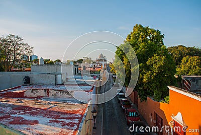 Top view of the colorful city San Francisco de Campeche. Beautiful colonial architecture in the historic center of Campeche, Mexic Editorial Stock Photo