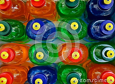 Top view of colorful dishwashing soap bottles on the supermarket shelf Stock Photo