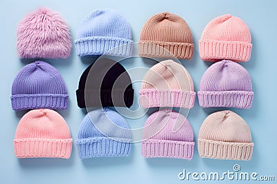 Top view of colorful knitted winter hats on blue background Stock Photo