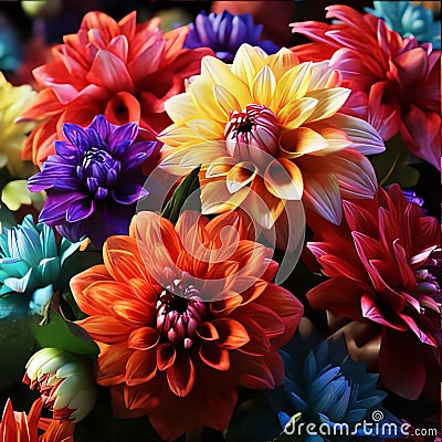 Top view of colorful rainbow heads, flower petals. Flowering flowers, a symbol of spring, new life Stock Photo