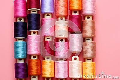Top view of colorful sewing threads on pink background, copy Stock Photo