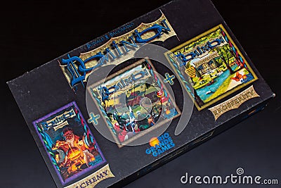 Top View of colourful deck building card game of Dominion the Big Box Editorial Stock Photo