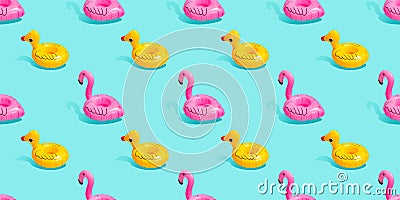 Top view colourful pink flamingo,yellow duck toys vibrant colors seamless pattern on light pastel blue background. Flat lay illust Cartoon Illustration